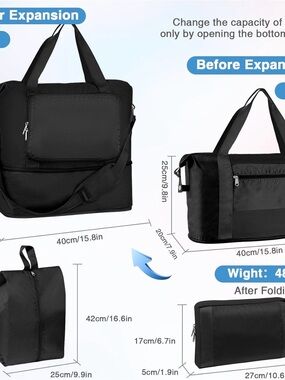 Black Expandable Men's Travel Duffel Bag - Compact & Versatile